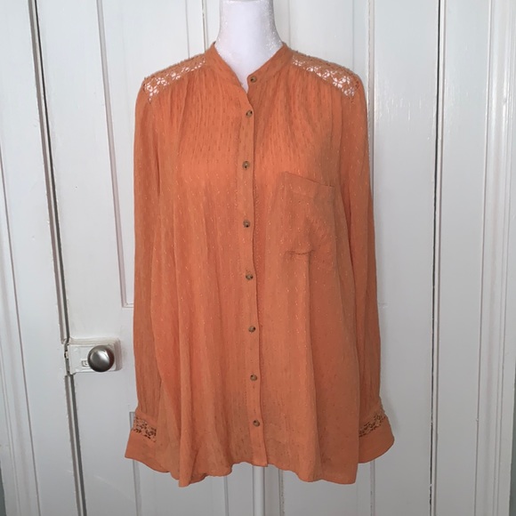 FREE PEOPLE BOHO LONG SLEEVE CROCHET BUTTON UP TOP - Picture 2 of 7